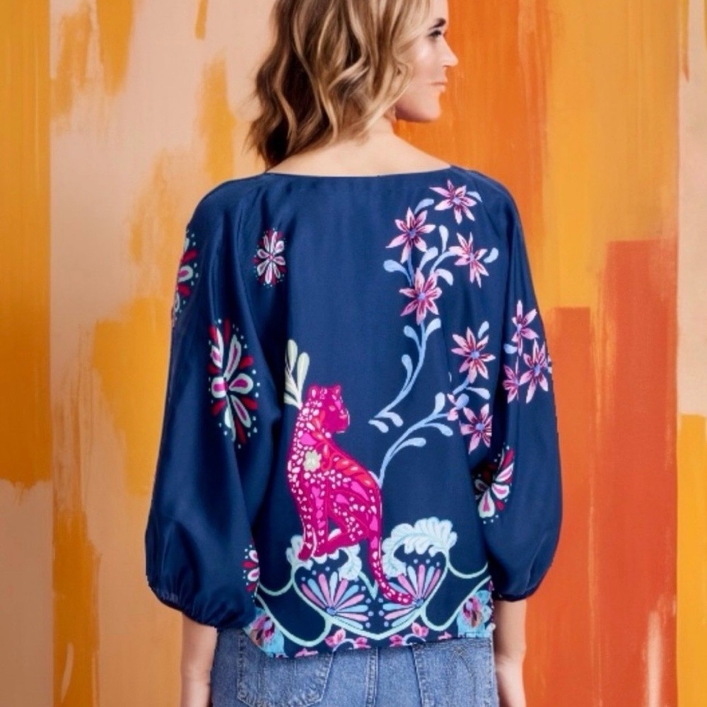 Johnny Was Dark Blue Floral Embroidered Blouse - Picture 3 of 3